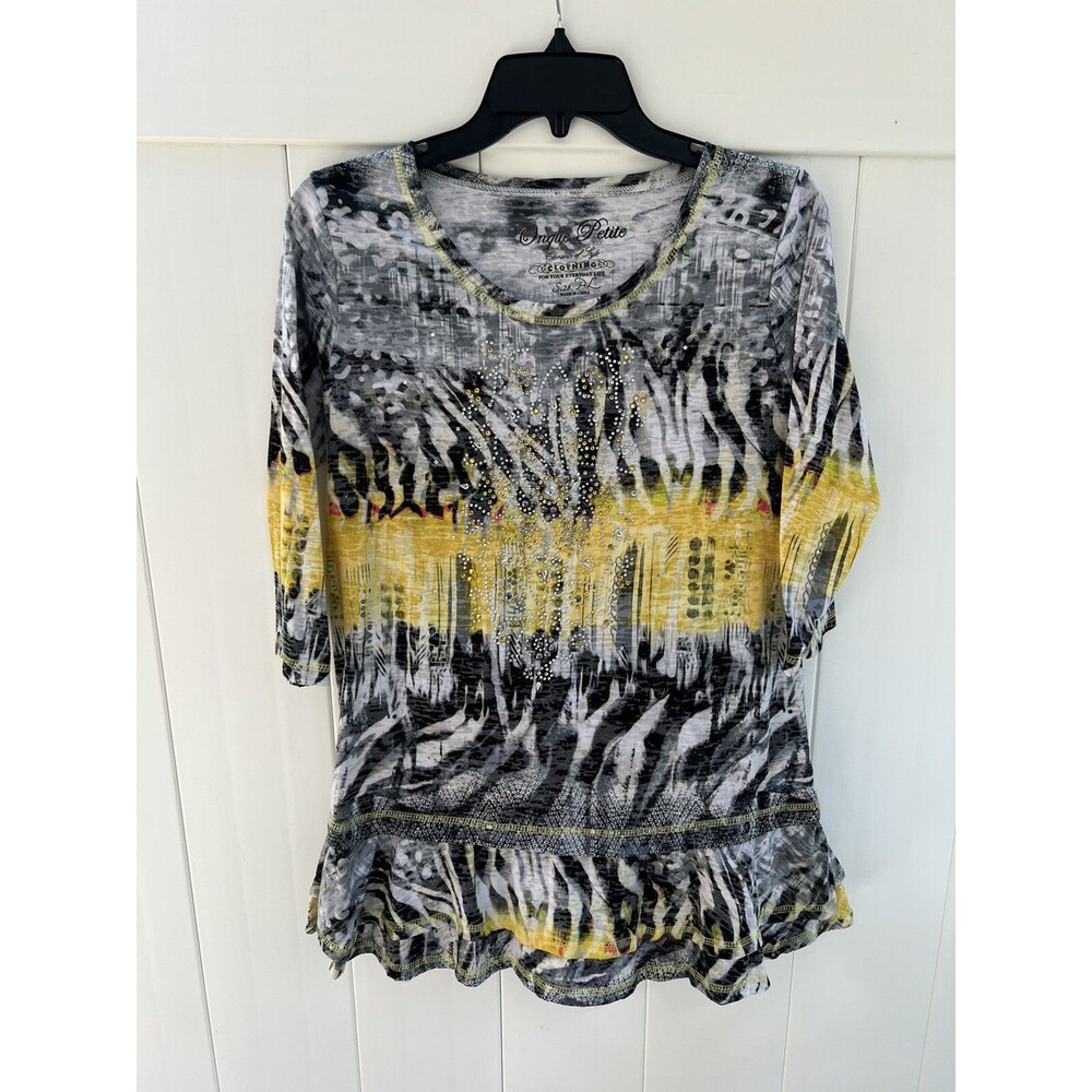 Onque Casuals Womens Tunic Embellished Abstract Top 3/4 Sleeve Petite Large